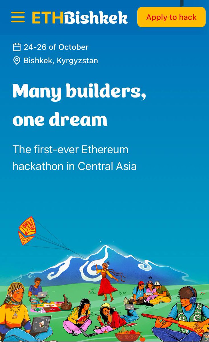 _HerDAO's tweet image. ETH BISHKEK is coming 🔜
⚡️Amazing to be partners in the first Ethereum hackathon @ethbishkek in Kyrgyzstan!
Dates: 24-26 October
Hackers registration is open 👇
Let us know if you apply!