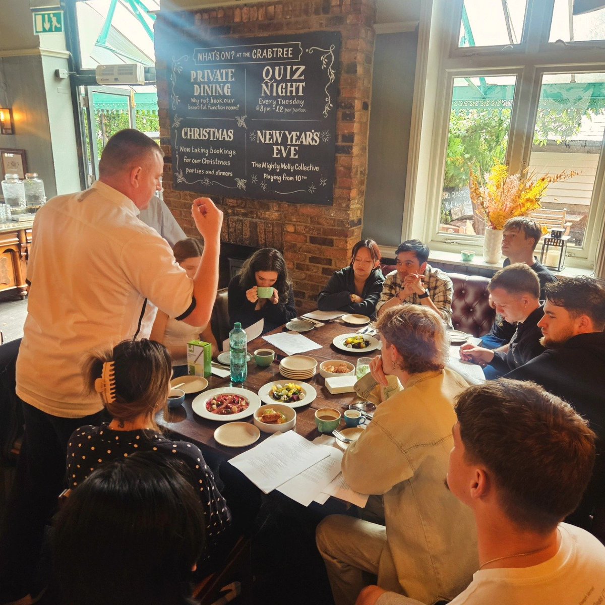TheCrabtreeW6's tweet image. Team Crab learning all the details for the AW25 Menu, ready to charm your socks off with their knowledge

#autumnmenu #wintermenu #aw25 #deliciousfood #headchef #gastropubs #foodiepub #foodieslondon #fulhamrestaurants #hammersmithrestaurants