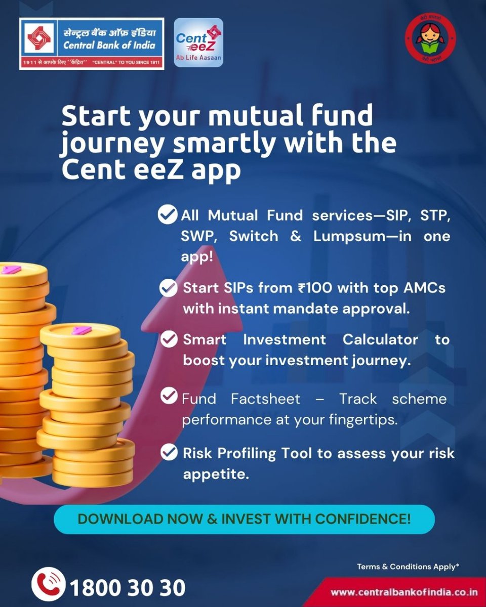 Invest smart, invest easy! 📈 Start your mutual fund journey with the Cent  eeZ App, SIPs from just ₹100. #CentEeZ #MutualFunds #InvestSmart #SIP  #CentralBankOfIndia