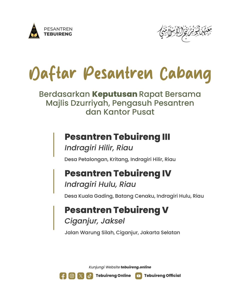 tebuirengonline's tweet photo. Kalian tau gak sih kalau Pesantren Tebuireng memiliki cabang?! 

Berdasarkan keputusan rapat bersama majlis dzurriyah, pengasuh pesantren dan kantor pusat. Berikut daftar pesantren cabang. https://t.co/5g4fYXZAJK