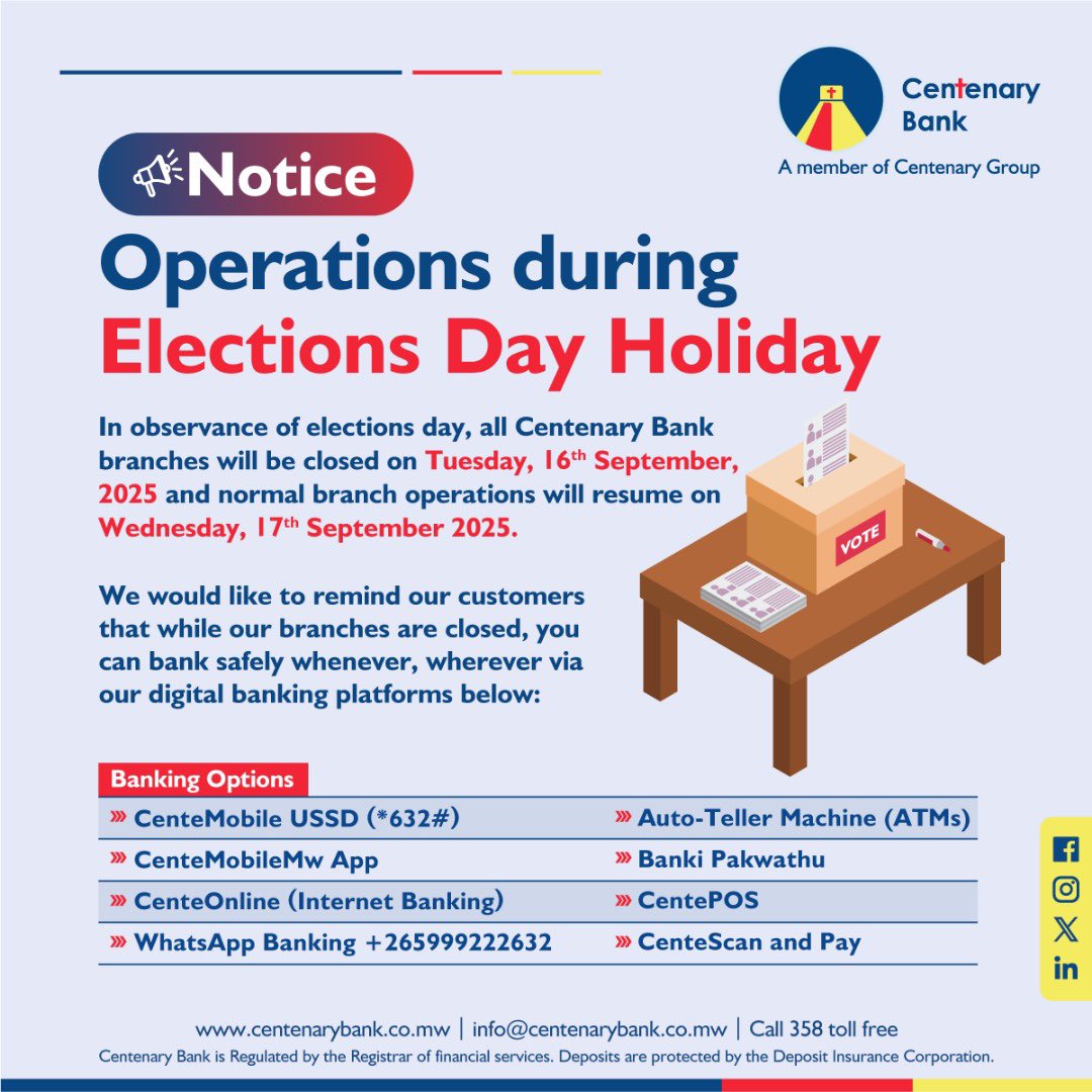 Notice of operations during Elections Day Holiday. 
Happy voting to all.