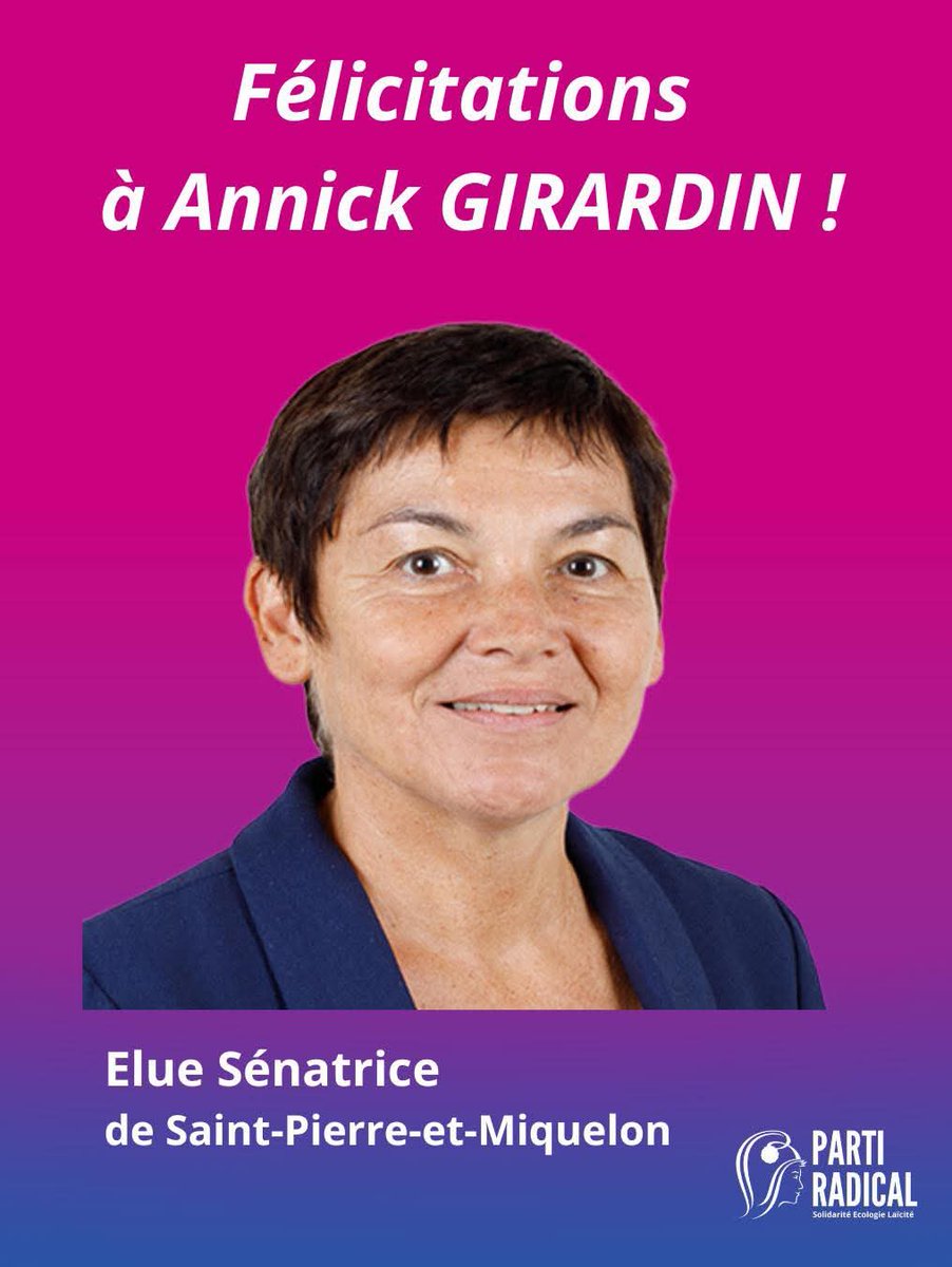 🇫🇷🏛 Toutes mes félicitations <a href="/AnnickGirardin/">Annick Girardin</a> pour ton élection en qualité de sénatrice de Saint Pierre et Miquelon. Le <a href="/PartiRadical/">Parti Radical</a> et moi même nous réjouissons que notre ancienne ministre entre au <a href="/Senat/">Sénat</a> où ton expertise et ta détermination seront des atouts très précieux !