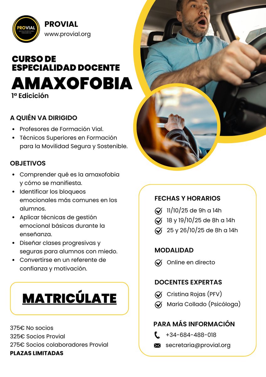 😰 ¿Sabías que 1 de cada 10 personas deja de conducir por miedo?
👉 Curso de especialidad docente en Amaxofobia, dirigida a PFV y técnicos superiores en movilidad.

🔗 Inscripción: forms.gle/e9JjyCsytmjudi…

#Amaxofobia #ProfesoresFormaciónVial #TécnicosSuperioresMovilidad