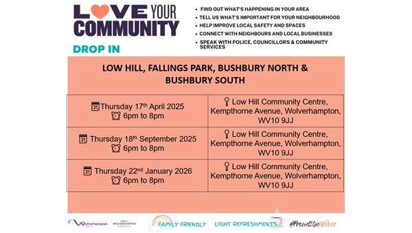 Low Hill, Bushbury & Fallings Park Police (@lowhillwmp) on Twitter photo Your next Love Your Community meeting for:
Bushbury South and Low Hill
Thursday 18th September• 6:00 PM
Low Hill Community Centre
<a href="/WolvesPolice/">Wolverhampton Police</a> <a href="/CommSafetyWV/">SaferWVpartnership</a> Your next Love Your Community meeting for:
Bushbury South and Low Hill
Thursday 18th September• 6:00 PM
Low Hill Community Centre
<a href="/WolvesPolice/">Wolverhampton Police</a> <a href="/CommSafetyWV/">SaferWVpartnership</a>