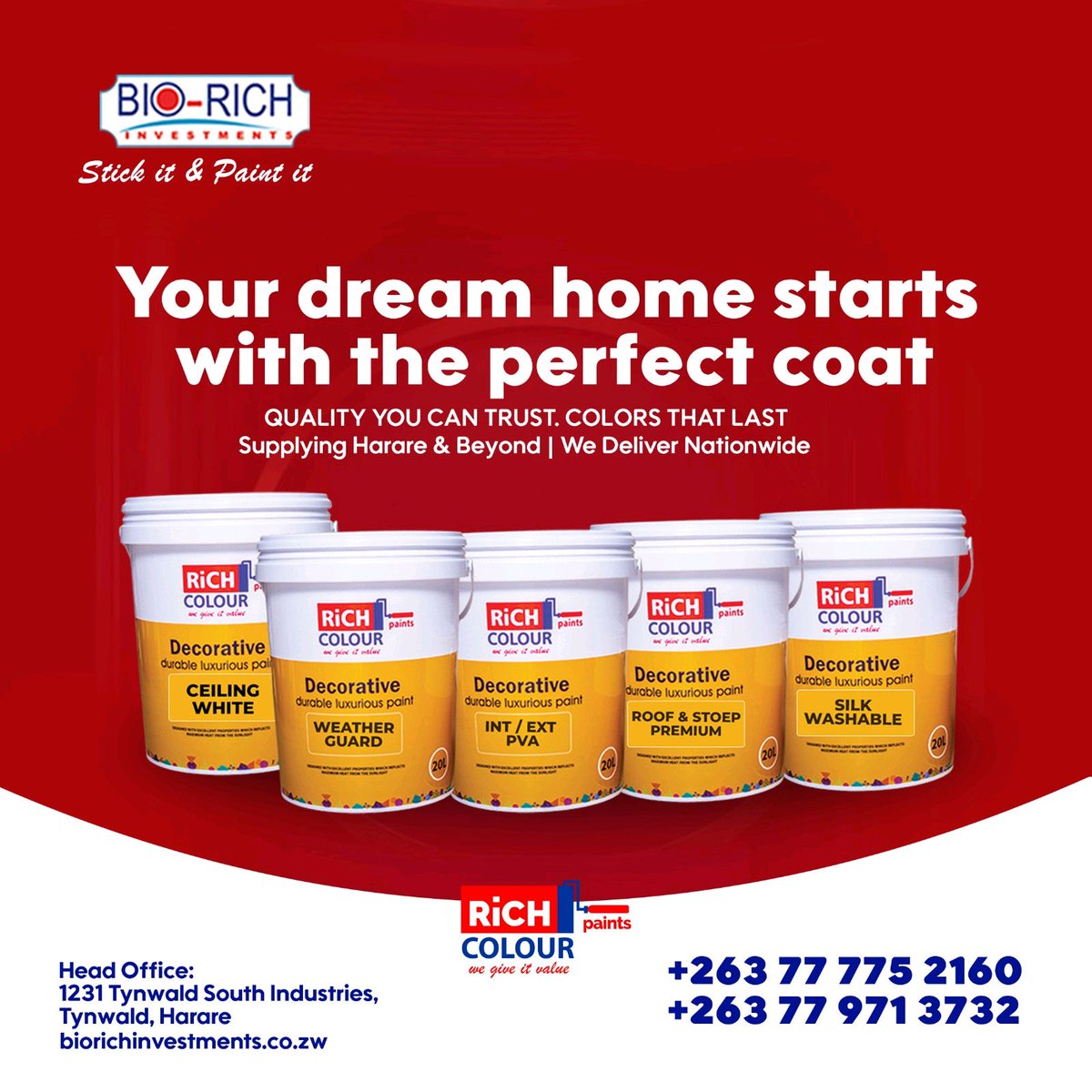 Your dream home starts with perfect color!

At Bio-Rich Investments, we bring you decorative paints that turn houses into homes.

Call us today: +263 77 971 3732

 Delivery to your doorstep – let’s bring your dream walls to life!

#biorichinvestments #proudlyzimbabwean