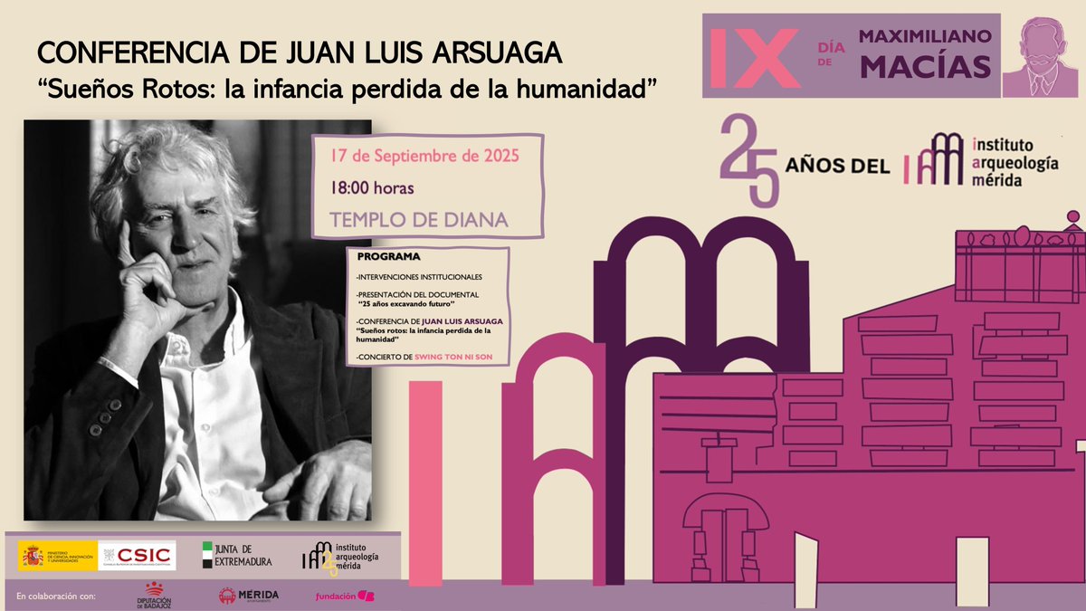 IAM_CSIC's tweet photo. 👋🏻 ¡Faltan solo dos días! Este miércoles celebramos los 25 años del IAM en el IX Día de Maximiliano Macías.

La jornada contará con un programa muy especial, que incluye la conferencia de @JuanLuisArsuaga "Sueños Rotos: la infancia perdida de la humanidad". ¡Te esperamos! https://t.co/V9D9te79vD