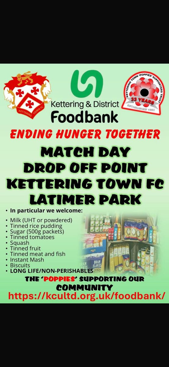 THIS SATURDAY at the match v <a href="/BSFCTheBlues/">Bishop's Stortford FC</a> we’ll be setting up our first collection point in conjunction with the Kettering &amp; District Food Bank (<a href="/KCUKettering/">KCU</a>)

Poppies Bar - before kick off

Anything people can manage will then be passed onto the Foodbank.

#PartOfOurCommunity