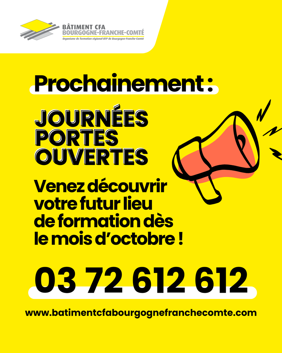 🏗️ [5 SITES, UNE AMBITION COMMUNE : VOTRE RÉUSSITE !] 💪
📍 #AUTUN - Saône-et-Loire (71)
📍 #AUXERRE - Yonne (89)
📍 #BESANÇON &amp; #BETHONCOURT - Doubs (25)
📍 #DIJON - Côte-d'Or (21)
Nos apprenti•e•s cartonnent aux concours nationaux (MAF...)
📅 SAVE THE DATE : JPO dès octobre !