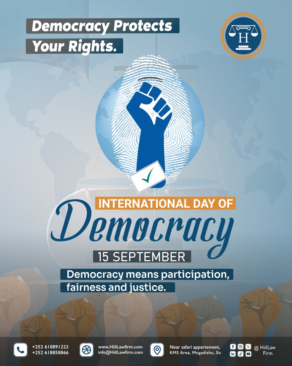 hiillawfirm's tweet photo. Democracy is your voice, your rights, and your future. 

The Somali Constitution ensures every citizen has a voice in shaping the future. On this International Day of Democracy, let’s celebrate the power of fairness and unity.

#DemocracyDay #YourRightsMatter #HiilLawFirm https://t.co/XJkhSB1Kvq