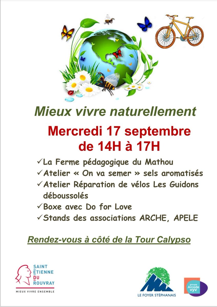 Mercredi 17 septembre, <a href="/LFStephanais/">Le Foyer Stephanais</a> organise une après-midi conviviale  "Mieux vivre naturellement " sur le Parc Cotton à Saint Étienne du Rouvray.
De nombreuses animations autour des thèmes du réemploi, du tri des déchets et de la prévention santé 
<a href="/Groupe_VYV/">Groupe VYV</a>
