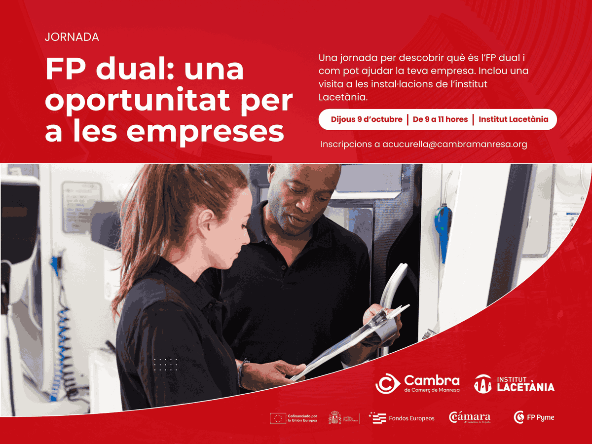 Cambramanresa's tweet photo. 👩‍🏭👨‍💼 FP Dual: una oportunitat per a les empreses

Vols saber què és l’FP dual i com pot ajudar la teva empresa a incorporar talent qualificat i a mida?

📅 9 d’octubre
🕘 De 9 a 11 h
📍 @inslacetania 

📩 Inscripcions: acucurella@cambramanresa.org

#FPPyme #cambramanresa https://t.co/HovxriWRas