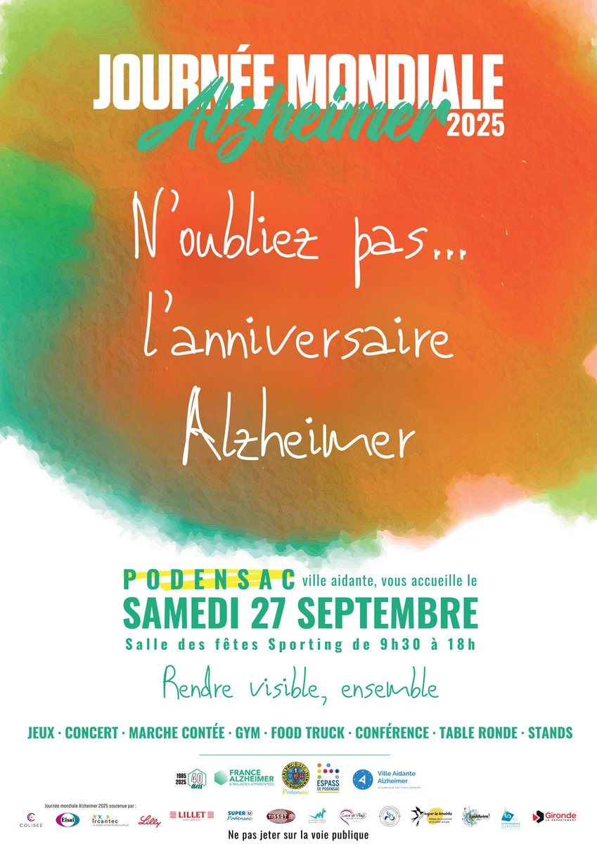 🎉💜 Un événement unique à #Podensac ! 💜🎉
France Alzheimer, l’ESPASS et la commune unissent leurs forces pour une journée exceptionnelle :
✨ Les 40 ans de France Alzheimer
✨ Les 4 ans de la charte "Ville aidante #Alzheimer" signée par Podensac
✨ La Journée mondiale Alzheimer