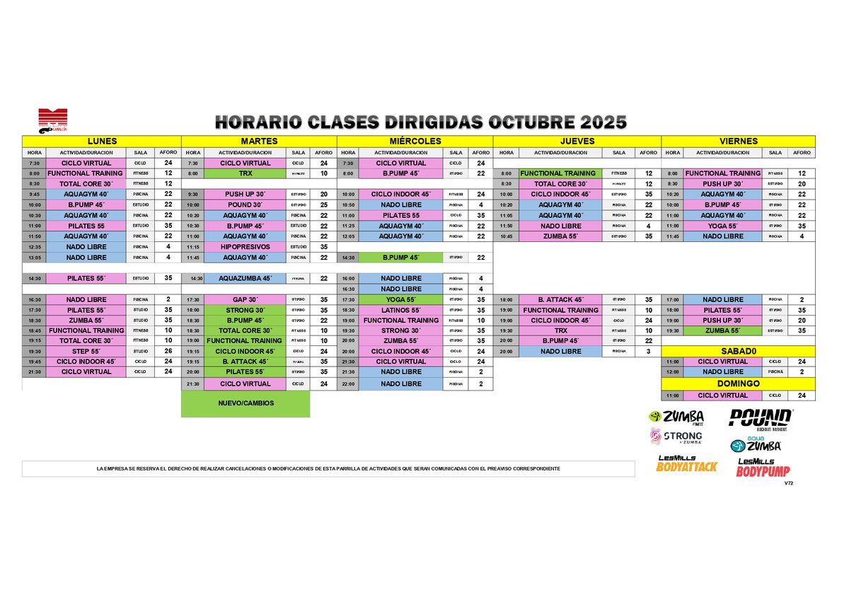 Parrilla de actividades dirigidas octubre Gimnasio Mabuni