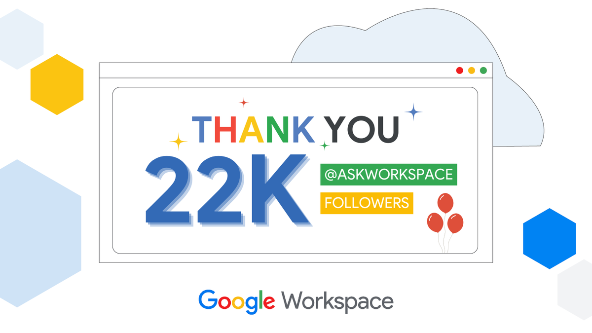 AskWorkspace's tweet image. 🎉 Happy 22k Followers! 🎉

Hey administrators! 👋 Questions about Google Workspace? Follow us for expert support and helpful tips! #GoogleWorkspace #MilestoneReached