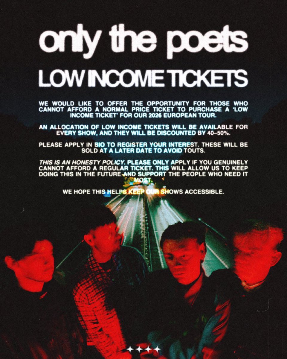 OTPAustria's tweet photo. 🎫 Low Income Tickets will again be available for this tour.

Remember, this initiative by the band is done on an honesty policy, so please only register if you genuinely can’t afford a regular ticket.

https://t.co/3vZxozkRFo https://t.co/grsVU9hnym