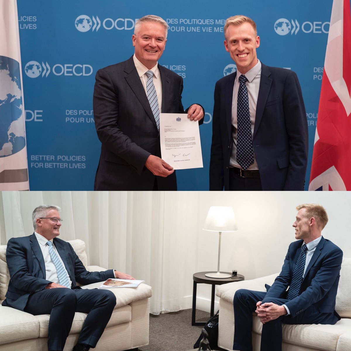 MathiasCormann's tweet photo. A very warm welcome to Andrew Wood, the new Ambassador for the UK 🇬🇧 to the @OECD.

A very friendly and wide ranging first conversation about the global outlook and the UK Government’s key priorities at the #OECD.

Welcome. Very much looking forward to working with you. https://t.co/SQH4BAcLYO