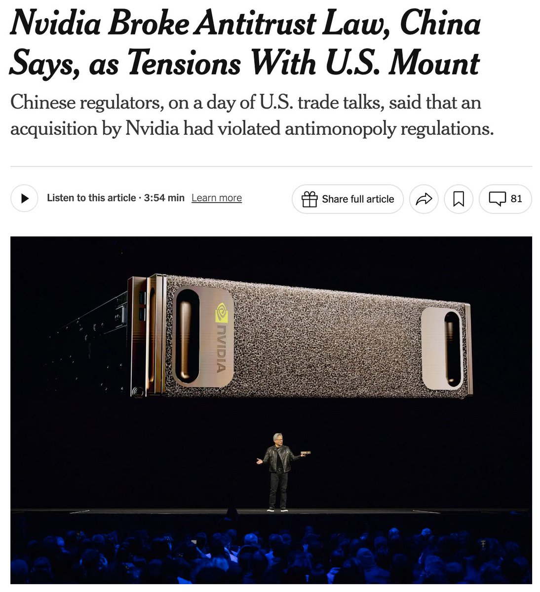rubyscanlon's tweet image. Last year, I wrote about China’s weaponization of antitrust law in trade disputes

We’ve seen it with Intel, Qualcomm—and Nvidia

Today, a preliminary ruling found Nvidia in violation, opening the door to fines up to $2.8 billion, remediation orders, or divestment requests