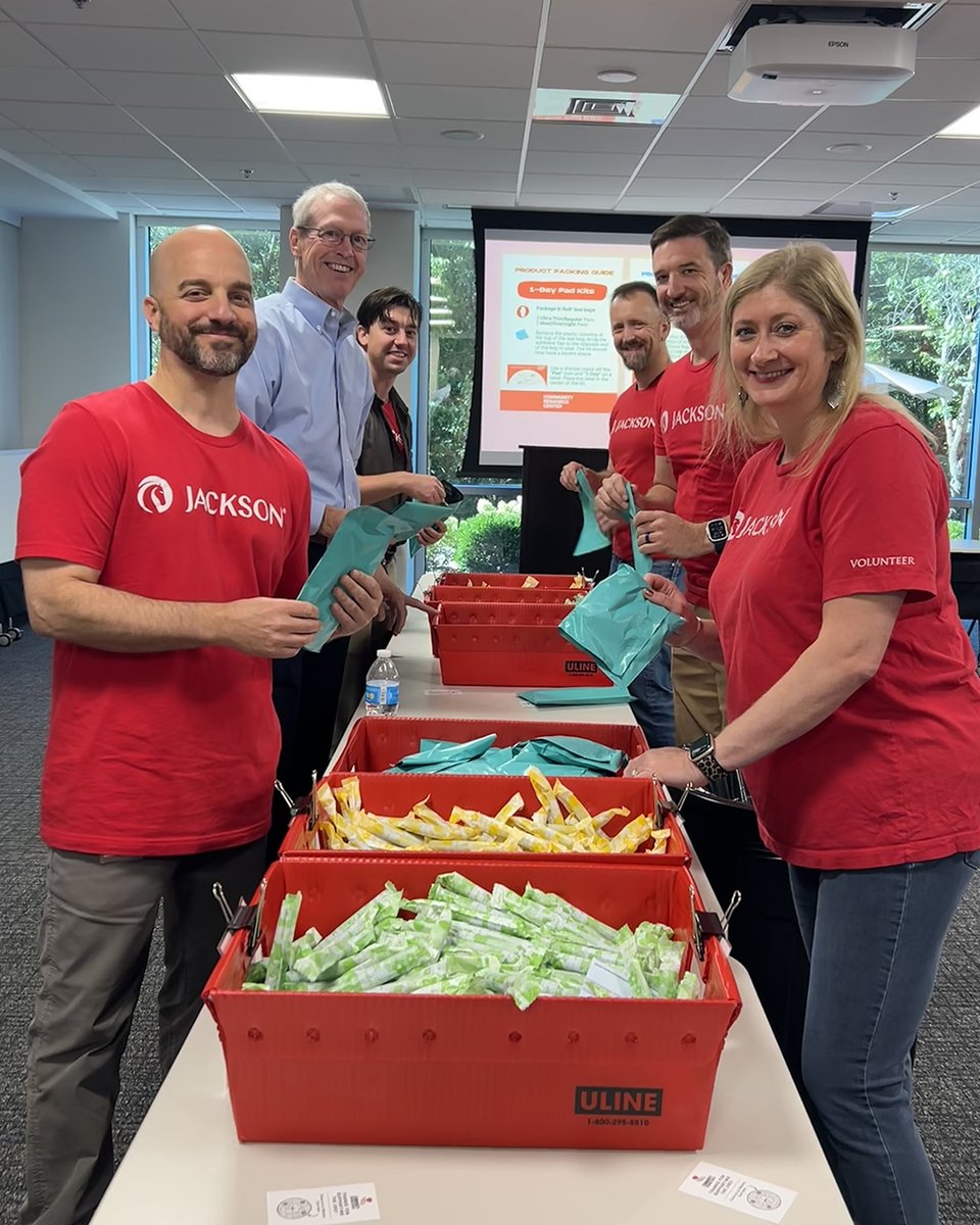 JacksonNational's tweet photo. #JacksonInAction at its finest as our Compliance team assembled hygiene kits with Community Resource Center, Middle Tennessee's Hygiene Hub, during their town hall. They packed 1,242 one-day feminine hygiene kits totaling 6,210 individual products that will be distributed to members of the community in need.