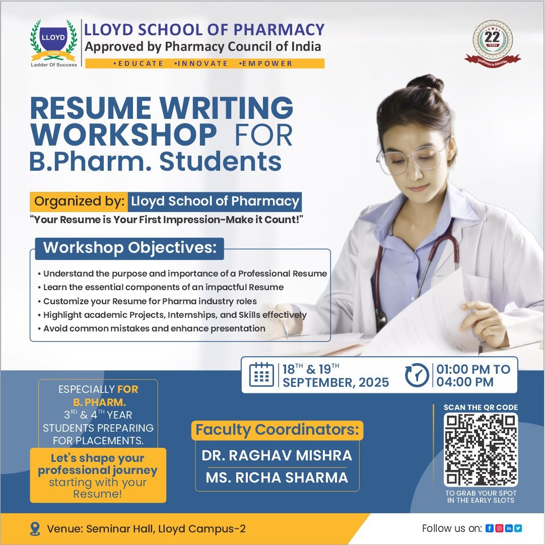 lspgrnoida's tweet photo. 📄✨ Resume Writing Workshop for B.Pharm. Students!

📌 18–19 Sept 2025 | 1–4 PM
📍 Lloyd School of Pharmacy
Learn to craft impactful resumes for Pharma careers!
👉 3rd &amp; 4th year students, don’t miss it.
#ResumeWorkshop #BPharm #LloydPharmacy https://t.co/0Z8H1xILT1