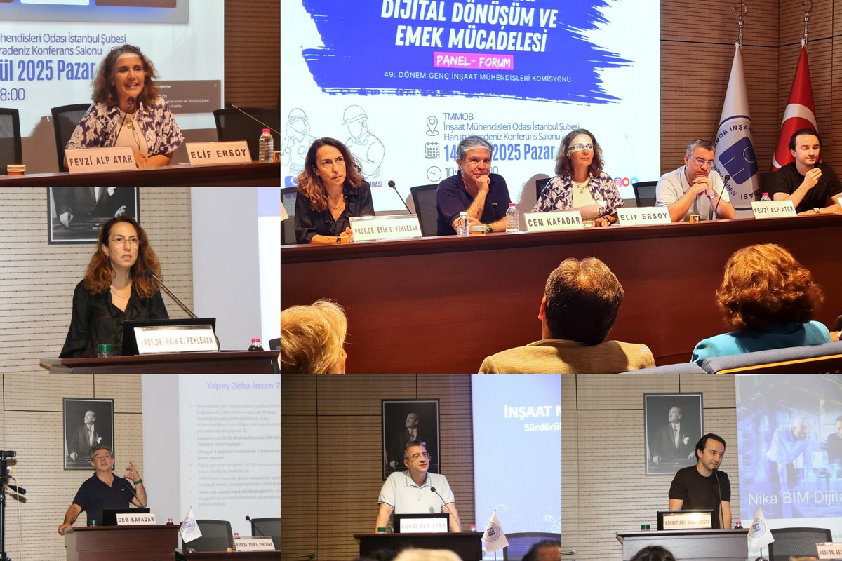 imoistanbulsube's tweet photo. MESLEĞİMİZDEKİ DİJİTAL DÖNÜŞÜM VE EMEK MÜCADELESİ-14 EYLÜL 2025: Şubemizin Genç İnşaat Mühendisleri Komisyonu yürütücülüğünde düzenlenen Mesleğimizdeki Dijital Dönüşüm ve Emek Mücadelesi başlıklı Panel-Forum 14 Eylül 2025 tarihinde Şubemizin Harun Karadeniz Konferans Salonunda gerçekleşti.  Etkinlik Şube Yönetim Kurulu Başkanımız Sinem KOLGU’nun açılış konuşmasıyla başladı. KOLGU, “Bugün burada, mesleğimizin geleceğini birlikte şekillendirmek ve dijital çağın getirdiği dönüşümleri tartışmak için bir araya geldik. Dijital dönüşümün her alanı sarstığı, üretim biçimlerini kökten değiştirdiği bir çağda, biz inşaat mühendisleri için de yeni sorular, yeni sorumluluklar ve elbette yeni olanaklar kapıda. Mühendisliğin özünde akıl, bilim ve emek vardır. Bugün, bu üçlüyü yeniden tanımlamak zorundayız. Yapay zekâdan BIM teknolojilerine, veri temelli tasarımdan şantiyedeki dijital süreçlere kadar uzanan yenilikler, yalnızca iş yapış biçimlerimizi değil, mesleki kimliğimizi de dönüştürüyor. Bu dönüşüm, bizlere daha güvenli, daha sürdürülebilir kentler yaratma imkânı sunarken; emeğimizin değeri, mesleki haklarımız ve dayanışmamızın gücü üzerine de derinlemesine düşünmeyi zorunlu kılıyor. Bu noktada, bilginin en temel gerçeğini hatırlamak önemlidir: Veri–Enformasyon–Bilgi–Bilgelik ilişkisini anlatan Bilgi Piramidi. En alt basamak olan veri, ham ve işlenmemiş bir yığındır. Bu veriyi anlamlandırıp bağlamına oturttuğumuzda enformasyona ulaşırız. Enformasyon, deneyim ve analizle yoğrulduğunda gerçek bilgiye dönüşür. Ve nihayet, bilgiyi etik bir çerçevede, toplumsal yarar gözeterek kullanma yeteneğimiz, bizi bilgelik düzeyine taşır. İşte mesleğimizin dijital dönüşüm yolculuğunda da asıl hedefimiz, yalnızca veriyi toplamak ya da bilgiyi çoğaltmak değil, o bilgiyi toplumun geleceği için bilgelikle kullanabilmektir.” diye konuşmasına başladı.  “Burada, Harun Karadeniz’in “Eğitim Üretim İçindir” ilkesinin güncelliğini anımsamamak mümkün değil. O, eğitimin yalnızca bireysel değil toplumsal üretim için bir araç olduğunu savunuyordu. Bugün de benzer bir eşikteyiz: Sosyal medya çağında “üretmek” kavramı, beğeni toplamak, görünür olmak ya da yüzeysel içerikler yaratmak gibi geçici tatminlerle ikame ediliyor. Oysa gerçek üretim; toprağa, fabrikaya, bilgiye, emeğe ve halkın refahına dayalı, düşündüren ve dönüştüren bir üretimdir. Biz inşaat mühendisleri, bu anlayışı mesleğimizin her alanında canlı tutmak zorundayız. Çünkü bilgi, ancak üretime, toplumsal yarara ve ortak aklın gelişimine dönüştüğünde gerçek değerini bulur.” diyen KOLGU, bilginin değersizleştirildiği, algı yönetiminin gerçeğin önüne geçtiği bir dünyada, toplumların, bilgiyi sorgulamadığında kolayca yönlendirilebildiğine dikkat çekti. Bilginin toplumsal bir gü�� olarak korunması ve eğitimin kamusal niteliğinin savunulması, mühendislik mesleğinin asli görevi olduğunun altını çizen KOLGU, “Bugünün tartışmalarında sizlerin enerjisi ve soruları, yarının mesleğini belirleyecek en kritik unsurdur. Dijital çağın araçlarını yalnızca kullanan değil, aynı zamanda geliştiren, sorgulayan ve yön veren bir mühendis kuşağı olmanız, bu dönüşümün en önemli teminatıdır.”dedi.  KOLGU, “Teknoloji kendi başına ne iyi ne de kötüdür; ona anlam katan, onu yönlendiren bizim toplumsal sorumluluğumuz ve mesleki etiğimizdir. İnşaat Mühendisleri Odası olarak, bilimin ve emeğin ışığında, kamusal yararı her şeyin önünde tutan bir mühendislik anlayışını geleceğe taşımak için birlikte mücadele ediyoruz. Bugün burada paylaşacağımız her fikir, kurulacak her ortaklık ve kurulacak her bağ, mesleğimizin dijital dönüşüm yolculuğuna katkı sunacak. Hepimizin deneyimi, bilgisi ve hayali bu dönüşümü emek mücadelesiyle buluşturacak en değerli kaynaktır.” sözleriyle konuşmasına son verdi.  Etkinliğin Eğitim konulu ilk oturumu, Şube Yönetim Kurulu Başkanımız Sinem KOLGU tarafından yönetildi. Bu oturumda, “İnşaat Mühendisliğinde Eğitim ve Gelecek” başlıklı sunumuyla Prof. Dr. Yalçın YÜKSEL, “Nitelikli Eğitim ve Üniversiteler Arası Eğitim” başlıklı sunumuyla Tuğba TEKEREK ve “Dijital Çağda Eğitimi Yeniden Düşünmek” başlıklı sunumuyla Bedirhan Enes KELEK, İrem YEŞİLYURT konuşmacı olarak katıldı.  Dijital Dönüşüm konulu ikinci oturum Şube Yönetim Kurulu Sekreter Üyemiz  Elif ERSOY tarafından yönetildi. Bu oturumda, “Şantiyede BIM'in Faydaları” başlıklı sunumuyla Prof. Dr. Esin E.PEHLEVAN, “İnşaatta Yapay Zeka” başlıklı sunumuyla Cem KAFADAR, “Malzemenin Geleceği” başlıklı sunumuyla Fevzi Alp ATAR, “Proje Yönetimi, BIM 4D 5D Planlama” başlıklı sunumuyla Mehmet Akif İBRAHİMOĞLU yer aldı.  İstihdam ve Özlük Hakları konulu üçüncü oturum Şube Yönetim Kurulu Yedek Üyemiz Hüseyin ÇINAR tarafından yönetildi. Bu oturumda “Genç İşsizliği ve Mühendislerin Özlük Hakları” başlıklı sunumuyla Dr. Murat ÖZVERİ, “Ücretli Çalışan Mühendislerin Hukuki Durumu” başlıklı sunumuyla Av. Kadir DAYLIK, “Çalışma Hayatında Toplumsal Cinsiyet Eşitsizliği” başlıklı sunumuyla Duygu AKPINAR, “İnşaat Mühendislerinin Çalışma Koşulları” Mert Can KÖSE ve “Haklarımız ve Sorumluluklarımız Açısından Yetkin Mühendislik” başlıklı sunumuyla Şube Yönetim Kurulu 2. Başkanımız Özer OR yer aldı.  Meslek Örgütlülüğü konulu dördüncü oturum Şubemizin Afete Hazırlık ve Müdahale Kurul Başkanı Temel PİRLİ tarafından yönetildi. Bu oturumda “Mühendislik Etiği” başlıklı sunumuyla Prof. Dr. Güngör EVREN, “Meslek Örgütlülüğü ve Meslek Örgütünün Önemi” başlıklı sunumuyla Elif ERSOY, “Genç-İMO Örgütlülüğü” başlıklı sunumuyla Berilsu ÖNDERIŞIK ve Mustafa ŞİMŞEK yer aldı.