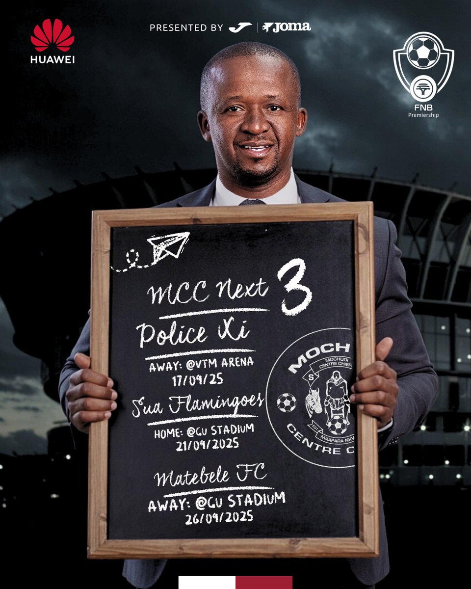 Upcoming Fixtures ‼️

 ⚫️Police XI 🆚 Mochudi Centre Chiefs
📍 VTM Arena (Away)
📅 Wednesday, 17 September 2025
⏰16:00

⚫️Mochudi Centre Chiefs 🆚 Sua Flamingoes
📍 Gaborone United Stadium (Home)
📅 Sunday, 21 September 2025
⏰16:00

⚫️Matebele FC 🆚 Mochudi Centre Chiefs 
📍