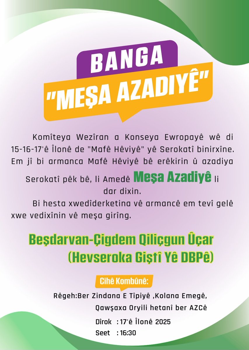 amed_dbp's tweet photo. Bi pêşengtiya Platformên Saziyên Demokratîk de, dê di 17’ê Îlonê de li Amedê bi dirûşma “Ji bo Mafê Hêviyê yê Rêber Apo em ber bi Azadiyê ve dimeşin” meş bê lidarxistin.

Em hemû gelê xwe yê bi rûmet vedixwînin meşa azadiyê.
#UmutHakkıDerhalUygulansın
#AbdullahOcalanRightToHope https://t.co/dO4YVQ4EZ1