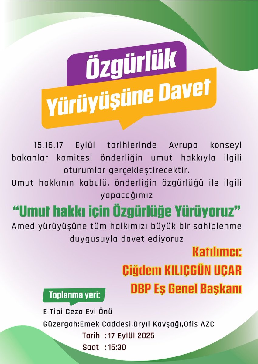 amed_dbp's tweet photo. Bi pêşengtiya Platformên Saziyên Demokratîk de, dê di 17’ê Îlonê de li Amedê bi dirûşma “Ji bo Mafê Hêviyê yê Rêber Apo em ber bi Azadiyê ve dimeşin” meş bê lidarxistin.

Em hemû gelê xwe yê bi rûmet vedixwînin meşa azadiyê.
#UmutHakkıDerhalUygulansın
#AbdullahOcalanRightToHope https://t.co/dO4YVQ4EZ1
