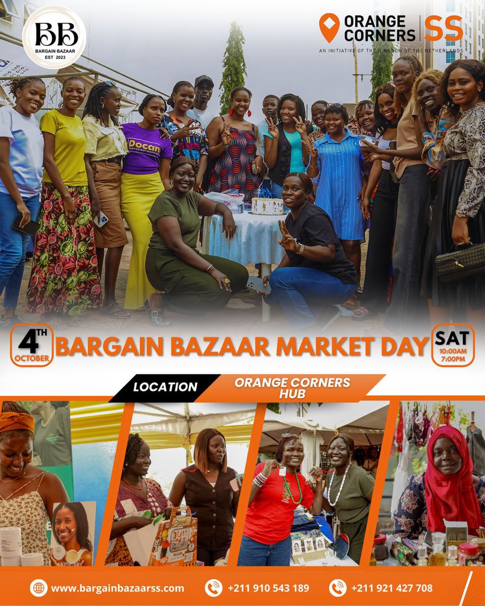juliana_siapai's tweet photo. I am excited to share that our October 4th Bargain Bazaar @bargainbazaarss will be hosted at the @orangecornersss Hub! 

Orange Corners has been such a huge support to us and to many of our vendors from those who graduated in July to others currently enrolled in Cohort 3. Now, it’s your turn!

✨ Applications for Orange Corners South Sudan  Cohort 4 are officially open. If you’re a young entrepreneur in Juba with a big idea or a growing business, this is your chance to take it to the next level.

What’s in store?
💡 Training & mentorship from experts
💡 Opportunities for funding
💡 A strong network of fellow entrepreneurs
💡 Six months to turn your idea into impact

Applications are free and open until October 5, 2025.
🔗 Apply now: https://t.co/bLnpU5diJn

Let’s build the future of entrepreneurship in South Sudan together! 

#orangecornersss #cohort4 #startupsinjuba #YouthEntrepreneurs #southsudaninnovation