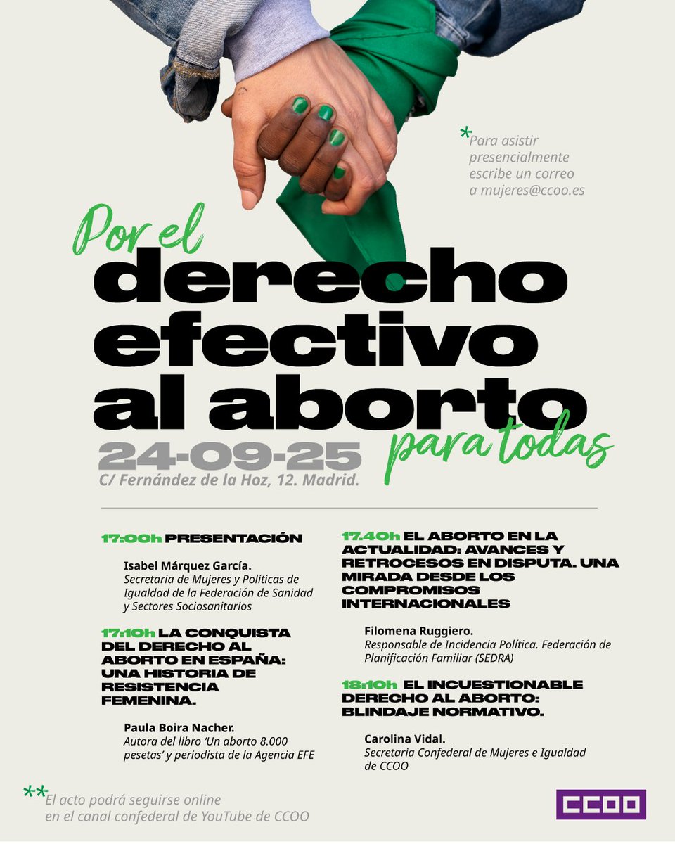 📆El próximo día 24 de septiembre. A partir de las 17.00

Jornada 'Por el derecho efectivo al aborto para todas'

Puedes venir presencial escribiendo a mujeres@ccoo.es 

O seguirlo por online👇

youtube.com/live/4-YykRfl4…