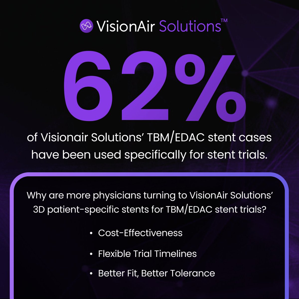 Why are more physicians turning to VisionAir Solutions’ 3D patient-specific stents for TBM/EDAC stent trials?

Here’s what we’re hearing:
🔹 Cost-Effective: 3D stents are a more affordable option than multiple single-lumen stents or one covered metal Y stent.
🔹 Flexible Trial