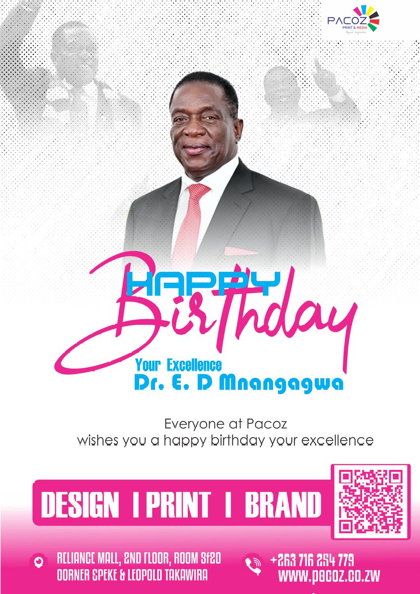 🎉✨ Pacoz Print &amp; Media joins the nation in celebrating the birthday of His Excellency Dr. E. D. Mnangagwa.
We wish you many more years of strength, wisdom, and leadership. 🙏🇿🇼

<a href="/edmnangagwa/">President of Zimbabwe</a>

#HappyBirthday #Leadership #PacozPrintAndMedia #Zimbabwe