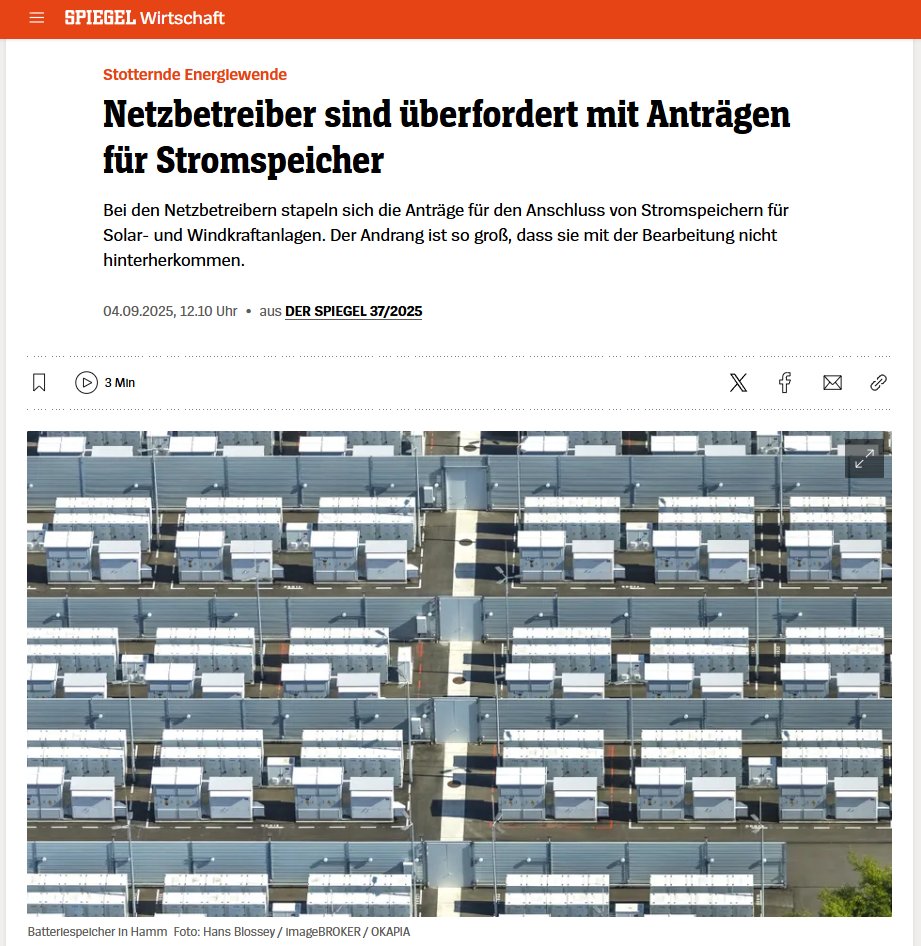 Erkenntnis aus dem Monitoringbericht:
Auf 259 Seiten sind 2-3 (in Worten: drei!!) Seiten den Großspeichern gewidmet. Es werden keine Empfehlungen für den Ausbau gegeben.
Nichts!
Wir haben aber allein bei den 15 größten Verteilnetzbetreibern über 27000 Anträge mit 390GW. Insgesamt