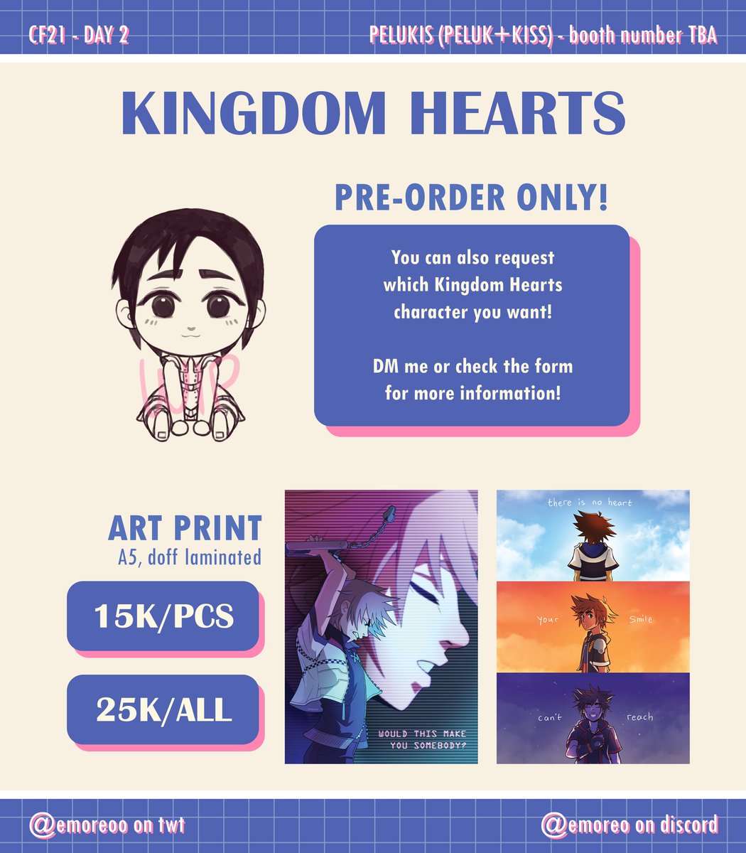sunnirane's tweet image. [🩷 &amp;amp; 🔁 appreciated]

my #cf21 pre-orders are open! ☀️

📍 PELUK+KISS - [booth no tba]
📆 15th - 30th september
💌 day 2
💖 kingdom hearts, ych art commissions, deltarune, hatsune miku (monitoring) [WIP], omori [WIP]

link &amp;amp; more info below ⤵️

[ #comifuro21 #CF21catalogue ]