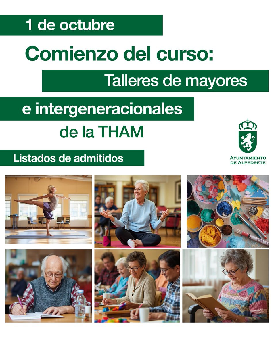 ❕Ya están disponibles los listados definitivos de admitidos en los talleres de mayores e intergeneracionales de la THAM

🚶‍♂️El próximo miércoles 1 de octubre dará comienzo un nuevo curso de los talleres. Son actividades diseñadas para promover la salud, el bienestar y la