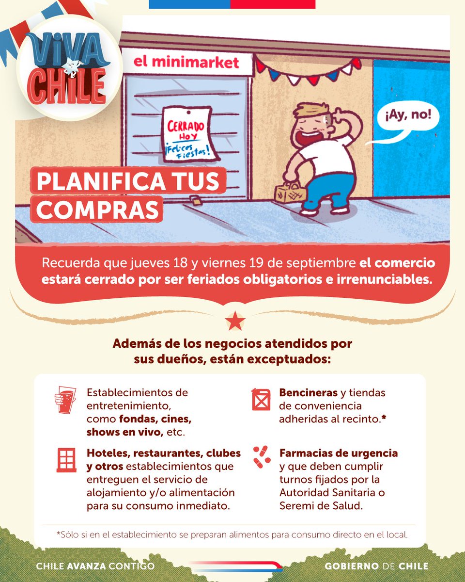 🇨🇱 ¡Que no te falte nada este 18! El comercio estará cerrado el 18 y 19 de septiembre, así que planifica tus compras. Locales atendidos por sus dueños pueden abrir.

Más información en 18seguro.cl 📲
