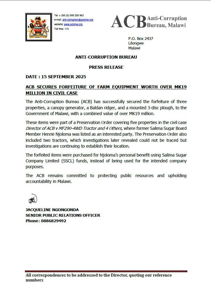 PRESS RELEASE: ACB SECURES FORFEITURE OF FARM EQUIPMENT WORTH OVER MK19 MILLION IN CIVIL CASE
