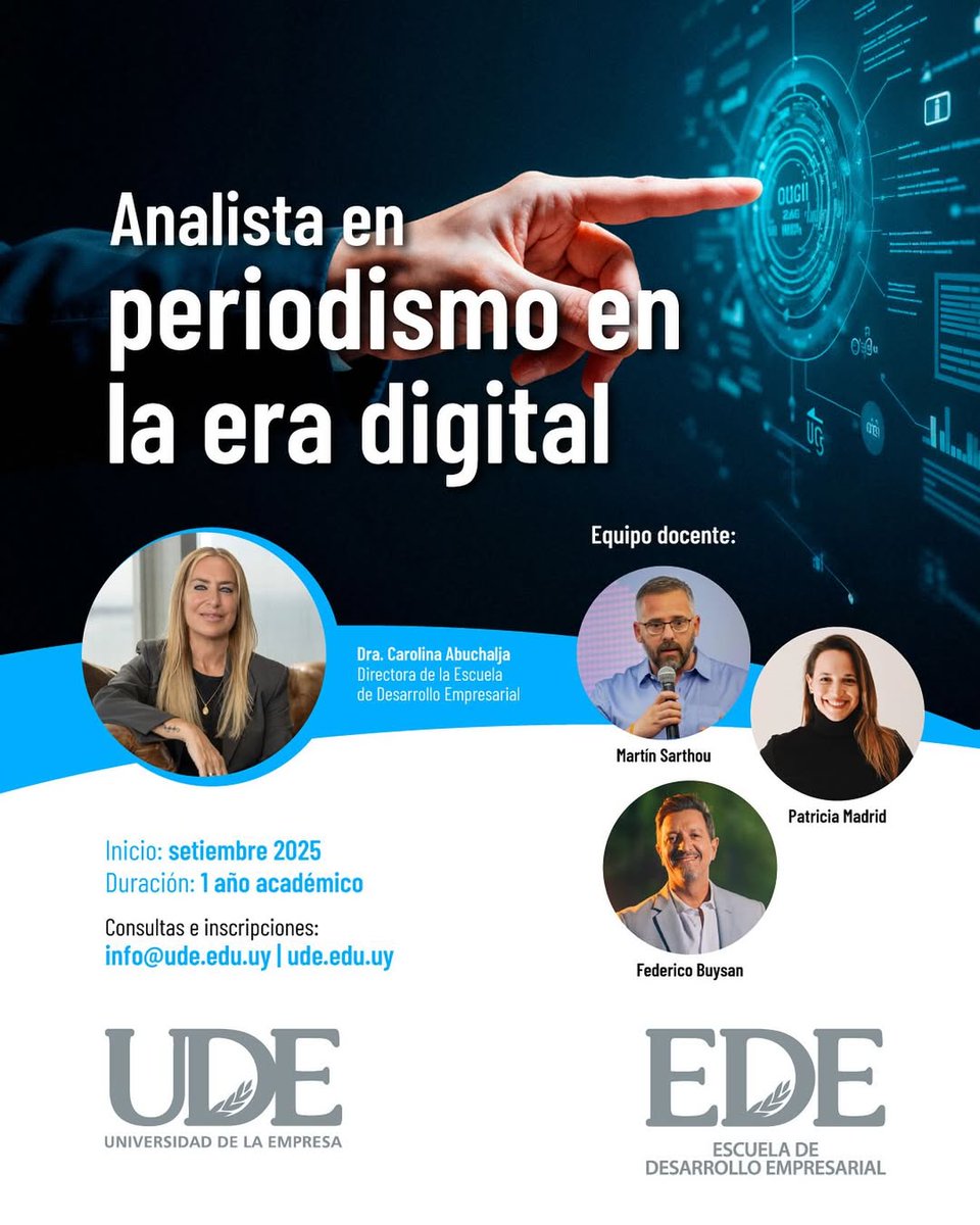 ✨¡Nueva capacitación con becas especiales!

Te compartimos el curso Analista en Periodismo en la Era Digital de la UDE 📲
Modalidad virtual en vivo
Inicio: 16 de setiembre

Formación integral junto a destacados docentes, con la posibilidad de acceder a becas especiales