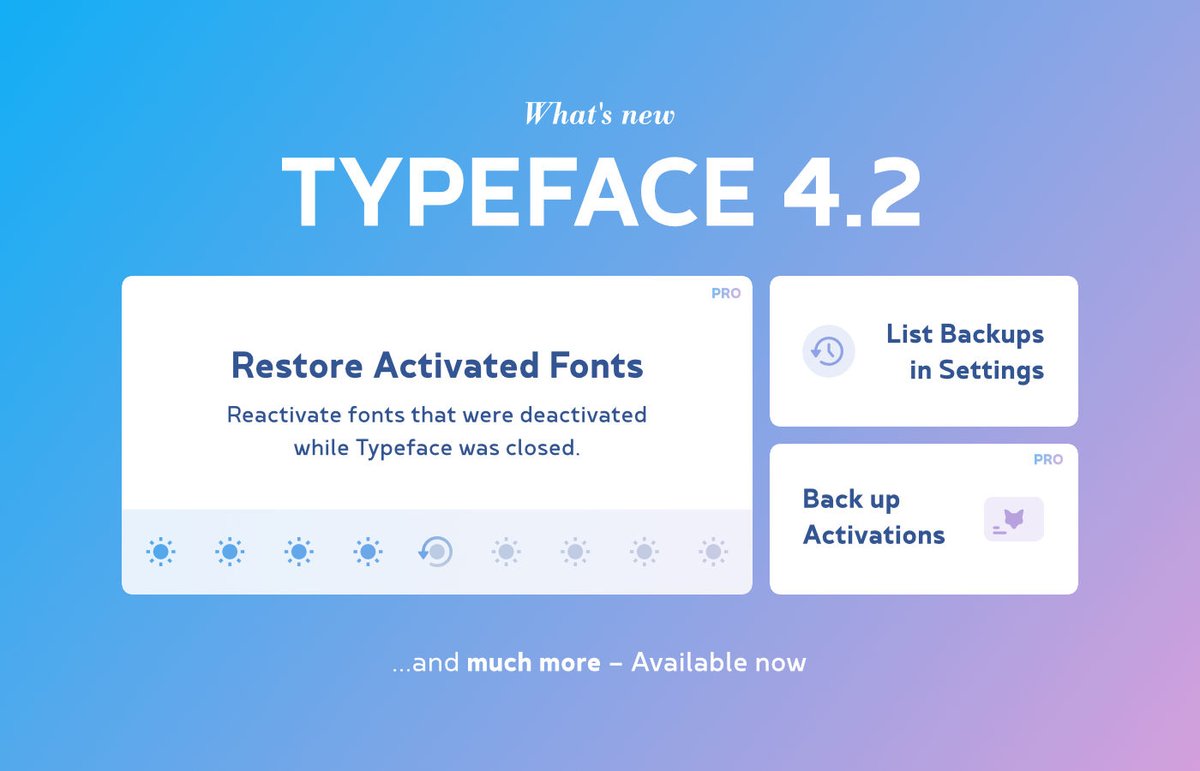 Ready for macOS Tahoe?

Prepare by getting Typeface 4.2, which can automatically restore your activated fonts after macOS updates. Or reactivate fonts from a backup — auto backups are now easily accessible from Settings.

See what’s new:
typefaceapp.com/changelog/type…

Enjoy! 🦊