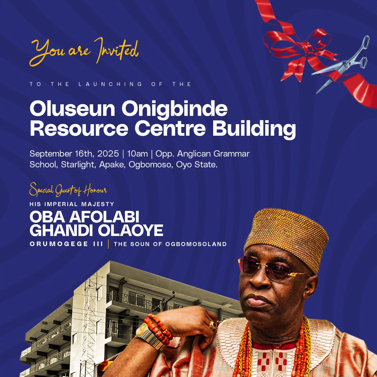 "🚀 TOMORROW! 🚀 Join us in Ogbomosho for the grand launch of the Oluseun Onigbinde Resource Centre Building! 🎉 

Let's celebrate knowledge, innovation, and community! 

#OnigbindeCentre