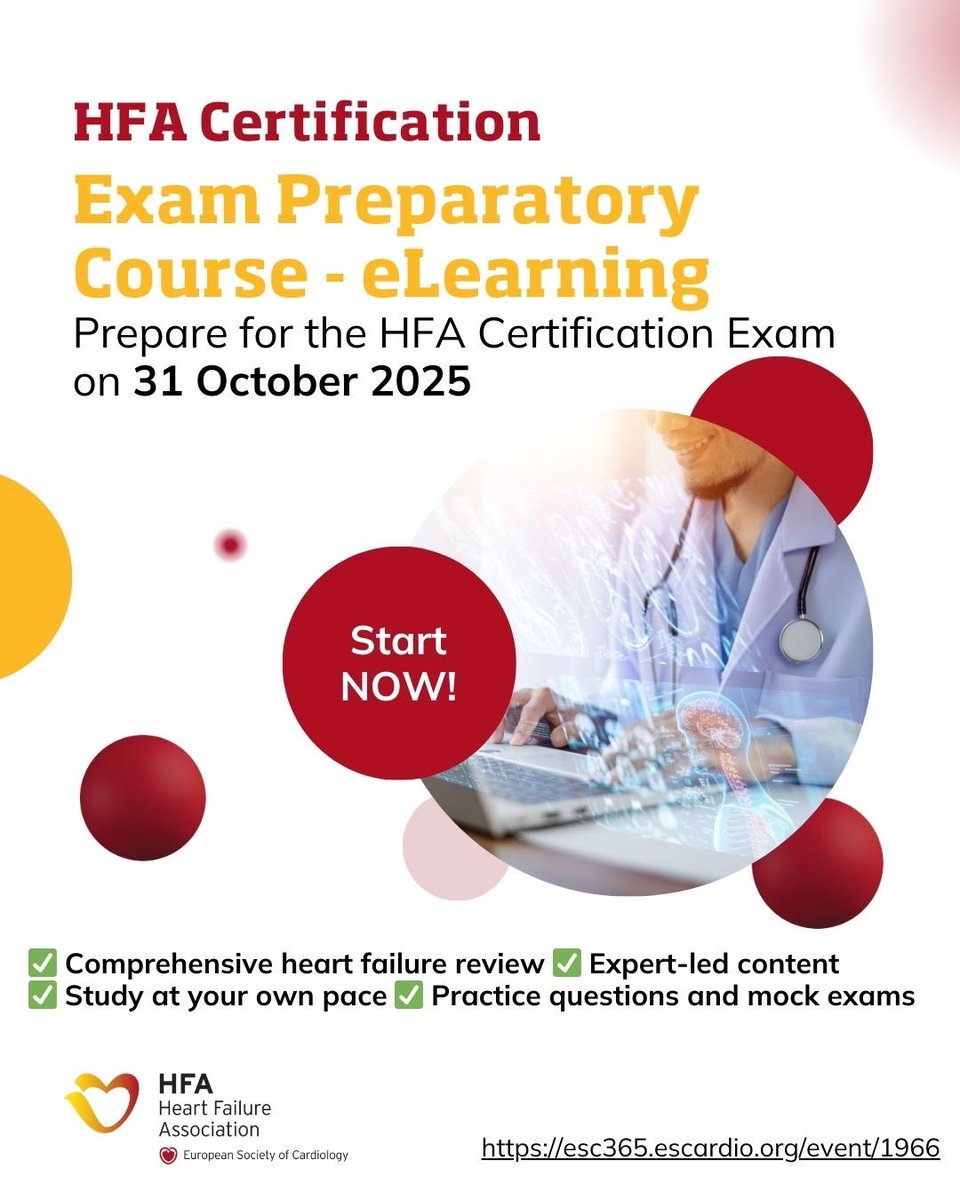 🎯 Want to ace your HFA Certification Exam on 31 October 2025?
The HFA Certification Exam Prep Course is now live on the new ESC eLearning platform!
✅ Comprehensive heart failure review ✅ Expert-led content ✅ ✅ Practice questions and mock exams
✨escelearning.escardio.org/course/205