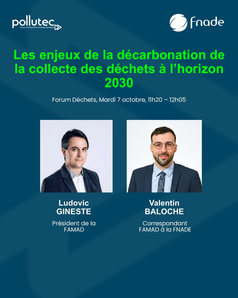 Rendez-vous à #polluteclyon2025 pour assister à notre conférence « Les enjeux de décarbonation de la collecte des déchets à l’horizon 2030 » avec Ludovic Gineste, président de la FAMAD et Valentin Baloche, correspondant FAMAD à la FNADE.