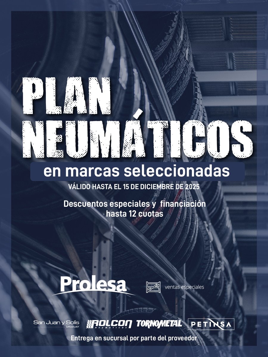 Se encuentra vigente el plan Oferta Neumáticos 2025 🛞
Acceda a precios especiales en neumáticos de marcas seleccionadas.
👉 Más info en prolesa.com.uy