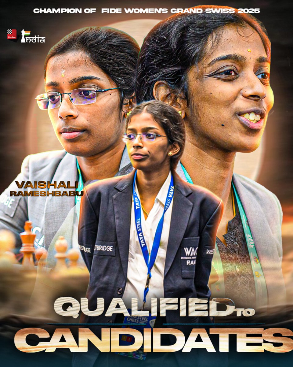 Grandmaster Vaishali Rameshbabu has created history. After winning the FIDE Women's Grand Swiss in 2023, she wins it again in 2025! Vaishali is the Champion of FIDE Women's Grand Swiss 2025 at Samarkand, Uzbekistan with 8/11 points.

Vaishali made a solid draw with the Black