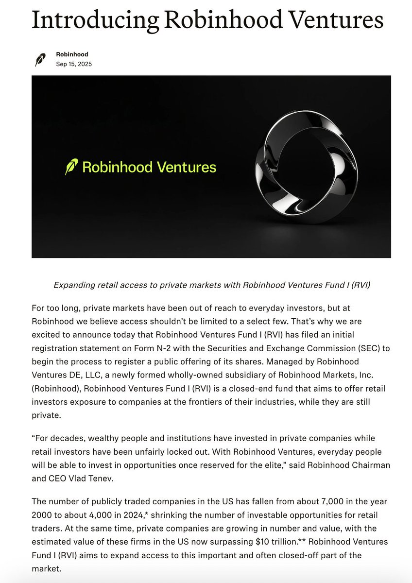 🔵MARKETEVANS: Robinhood lancia Robinhood Ventures per investimenti in aziende private innovative.