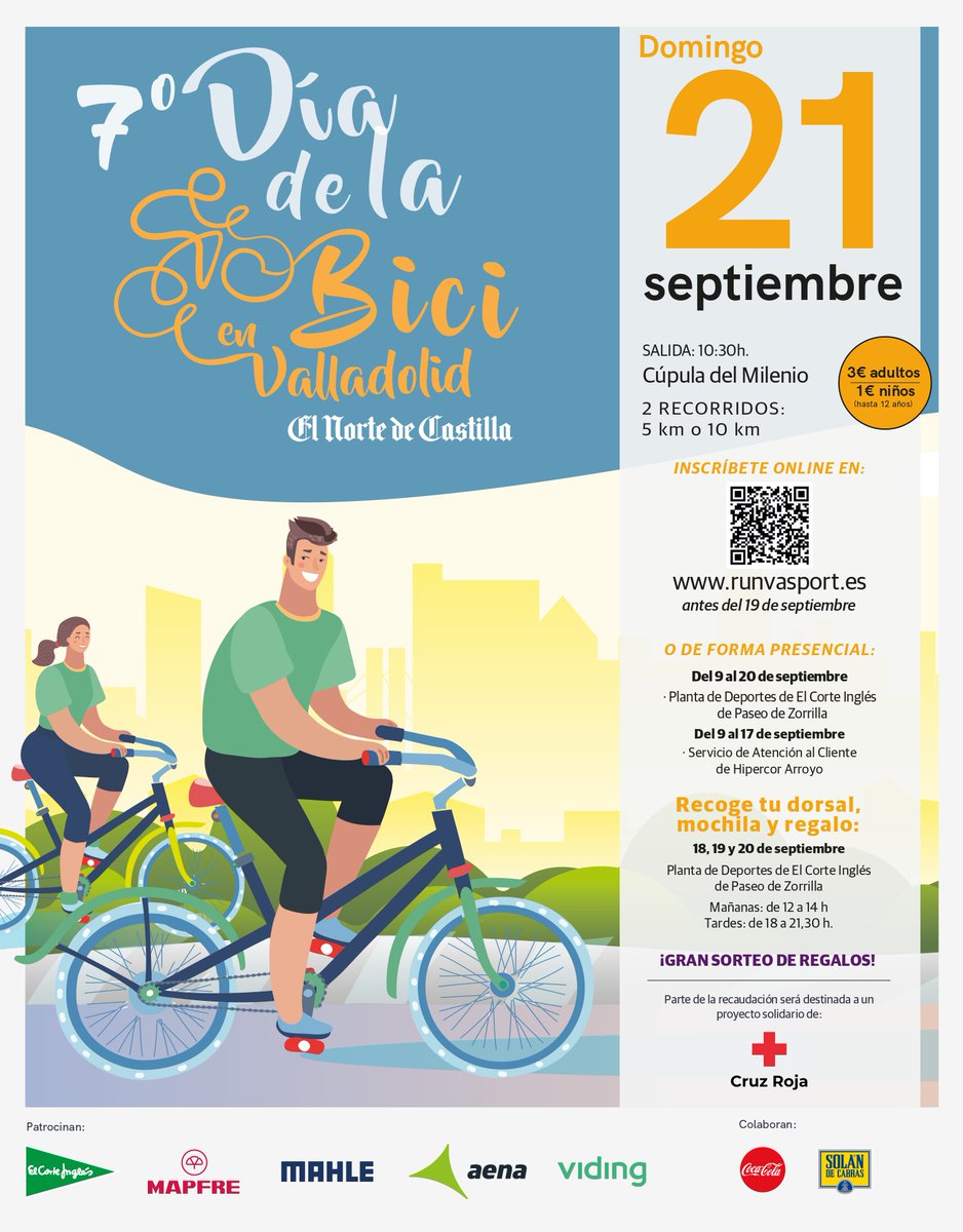 🚴‍♀️ ¡Vuelve el 7º Día de la Bici en Valladolid!
📅 Domingo 21 de septiembre
📍 Cúpula del Milenio
2 recorridos: 5 km o 10 km
🎒 Dorsal, mochila y regalo incluidos
🎁 ¡Gran sorteo y recaudación solidaria para <a href="/CruzRojaEsp/">Cruz Roja Española</a>!
🔗 Inscríbete antes del 19 👉

 leer.elnortedecastilla.es/eph1112