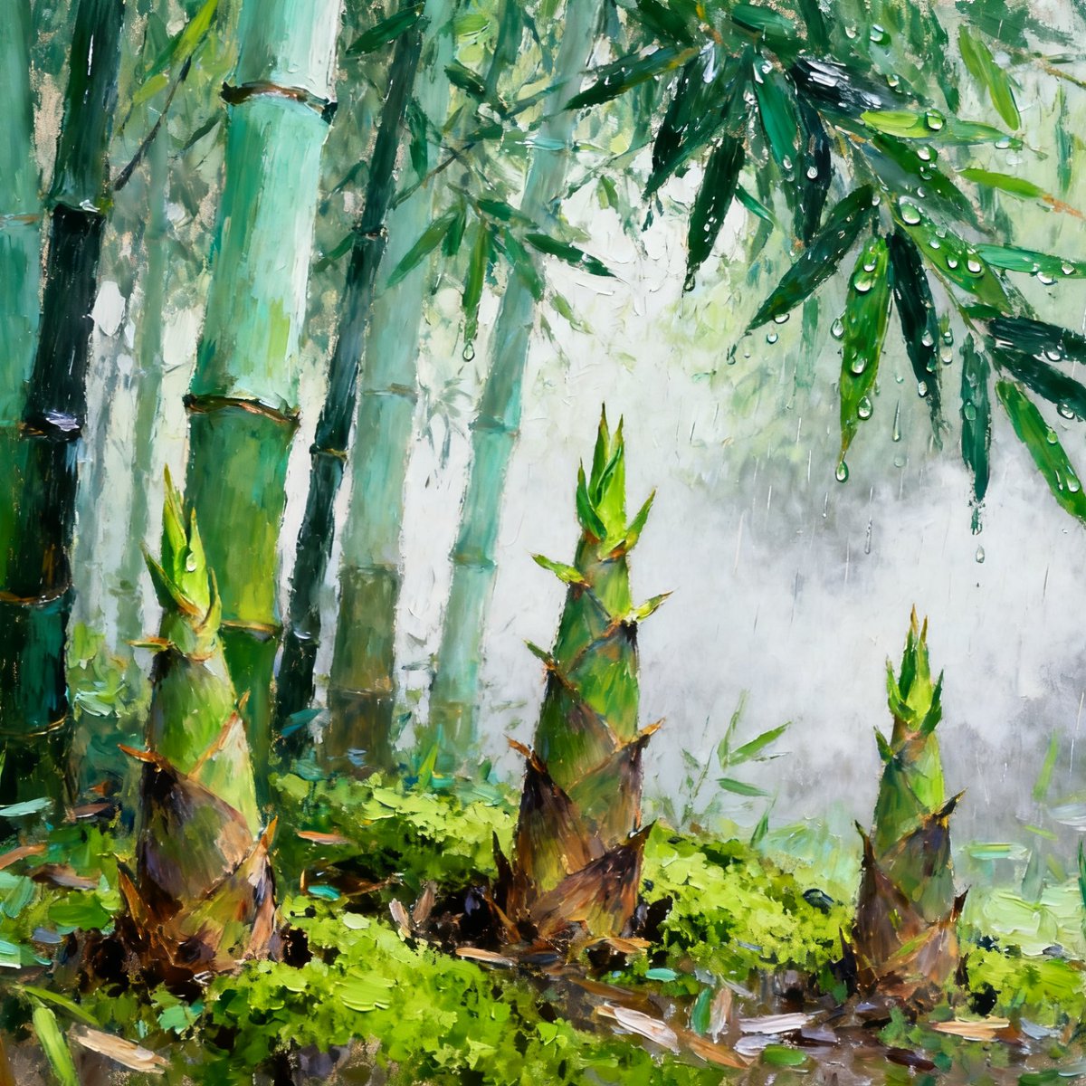 utcoins4u's tweet photo. 这是今日的绿青交融清欢～把雨竹春笋景揉成油画抹茶糕，图片里润得能浸出竹香，哈哈！

—— 笋出雨竹的油画，���绿青碾成竹露蜜！每株笋在和竹枝比生机，风涛在叶间弹琵琶，笔触像绿青在林前绣翠纹，每一笔都在悄说「轻些，竹林正和春笋孕希望～」
让我多描描笋尖的嫩影，除去雨雾的氤氲稍朦胧，哈哈！ https://t.co/CTQB0AYIrr