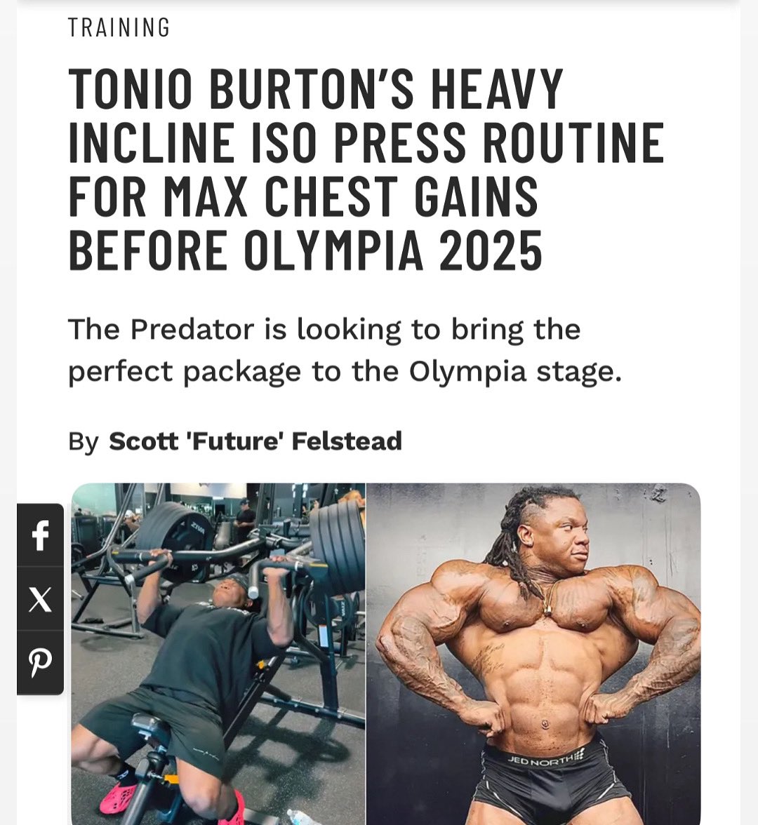 muscle_fitness's tweet photo. TONIO BURTON’S HEAVY INCLINE ISO PRESS ROUTINE FOR MAX CHEST GAINS BEFORE OLYMPIA 2025
The Predator is looking to bring the perfect package to the Olympia stage.
By Scott 'Future' Felstead
@seen_everywhere
Read Article:
https://t.co/xVwhKcteAe
#bodybuilder #bodybuilderprofile #bodybuildertraining #bodybuilding #bodybuildingcompetition #bodybuildingnews #bodybuildingworkout #mrolympia #olympia #olympiacompetitors #olympianews #olympiaweekend #muscleandfithess #flexmagazine