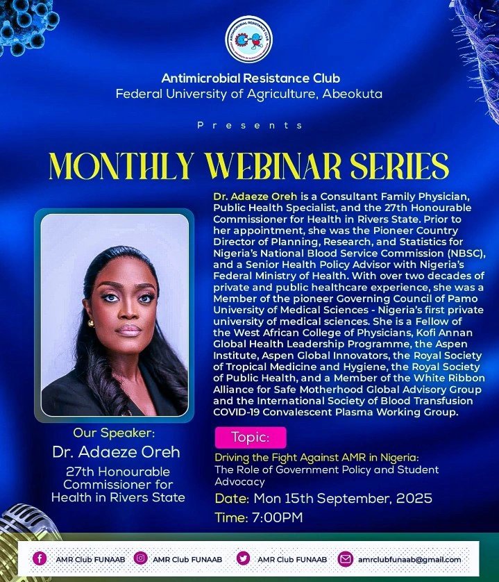 Mentorship event!!!

Tonight, I will be speaking with The Antimicrobial Resistance (AMR) Club of Federal University Of Agriculture Abeokuta.

The topic will be, "Driving the Fight Against AMR in Nigeria: The Role of Government, Policy, and Student Advocacy."

Beyond this,