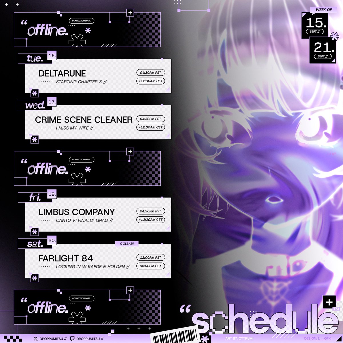 droppumitsu's tweet photo. 🐏『SCHEDULE FOR 09/15 - 09/21』🔪
We've passed the halfway point of Deltarune, and I'm truly addicted to this game now! Also, finally continuing the story of Limbus with Canto VI~ I'm ready to experience PEAK.

Let's have another fun week together!~ ♡🔪 https://t.co/geDWGdNXvj