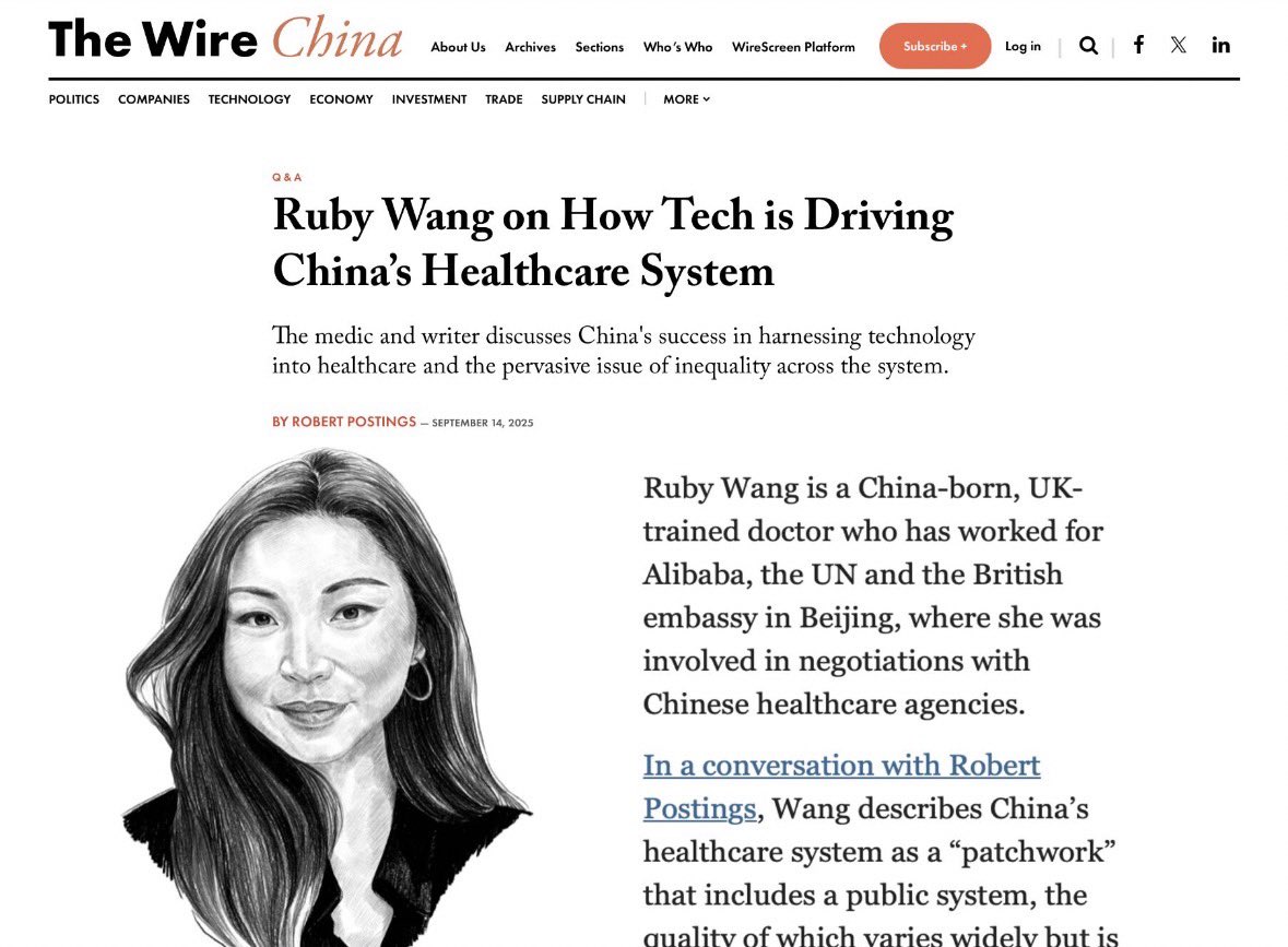 RcjWang's tweet photo. Out now: My Q&amp;A with @thewirechina @RobertPostings on China’s Healthtech landscape - how its internet hospitals, mobile health apps, and LLM integration are driving a now world/leading digital health ecosystem - &amp; why rest of world needs to pay attention
https://t.co/Q1wM1iS6m5 https://t.co/k6Sq5RgYSx